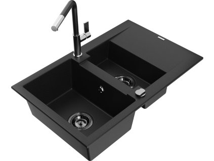MEXEN/S - Gaspar granitový dřez 1.5 s odkapávačem včetně baterie Flora, černá 6507-77-670401-07-B