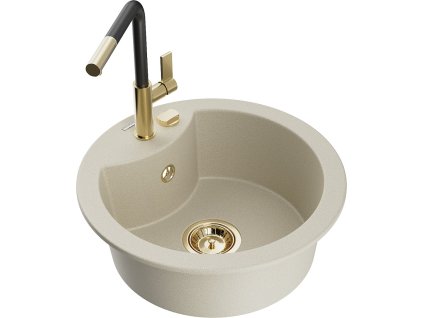 MEXEN/S - Diego granitový dřez 1-miska včetně baterie Flora, béžová 6512-69-670401-57-G