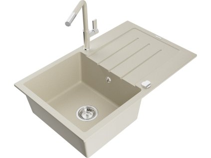 MEXEN/S - Bruno granitový dřez 1 s odkapávačem včetně baterie Flora, béžová 6513-69-670401-09