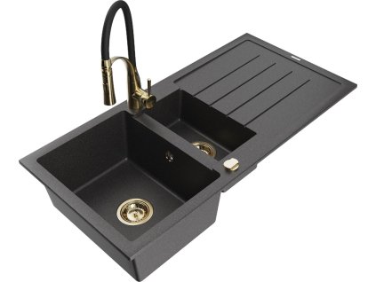 MEXEN/S - Andres granitový dřez s odkapávačem včetně baterie Aster, černá nakrapiany 6515-76-73450-57-G