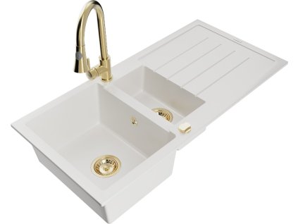 MEXEN/S - Andres granitový dřez s odkapávačem včetně baterie Elia, bílá 6515-20-670101-50