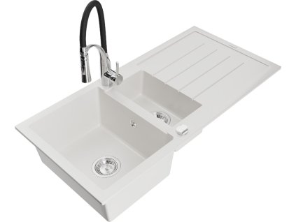 MEXEN/S - Andres granitový dřez s odkapávačem včetně baterie Aster, bílá 6515-20-73450-07