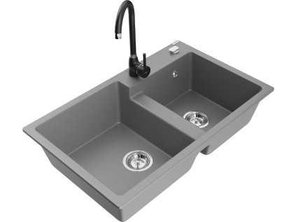 MEXEN/S - Tomas granitový dřez 2-bowl včetně baterie Telma, šedá 6516-71-670200-70