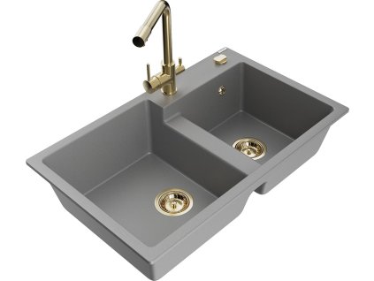 MEXEN/S - Tomas granitový dřez 2-bowl včetně baterie Duero, šedá 6516-71-671600-50