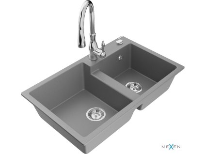 MEXEN/S - Tomas granitový dřez 2-bowl včetně baterie Savita, šedá 6516-71-672601-00