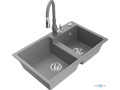 MEXEN/S - Tomas granitový dřez 2-bowl včetně baterie Savita, šedá 6516-71-672601-71
