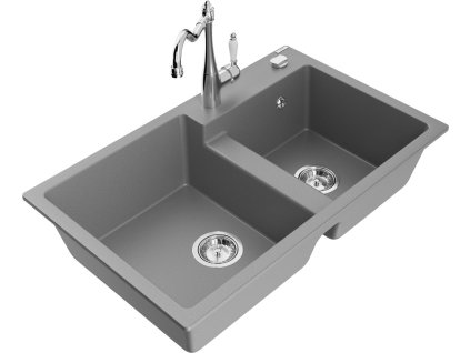 MEXEN/S - Tomas granitový dřez 2-bowl včetně baterie Carla, šedá 6516-71-670700-00