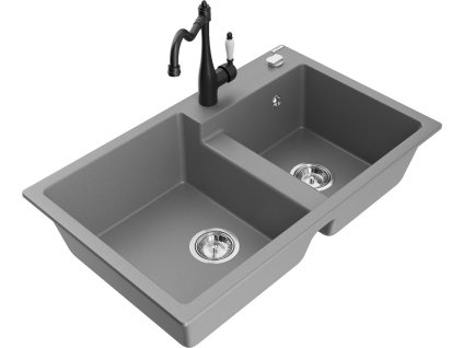 MEXEN/S - Tomas granitový dřez 2-bowl včetně baterie Carla, šedá 6516-71-670700-70