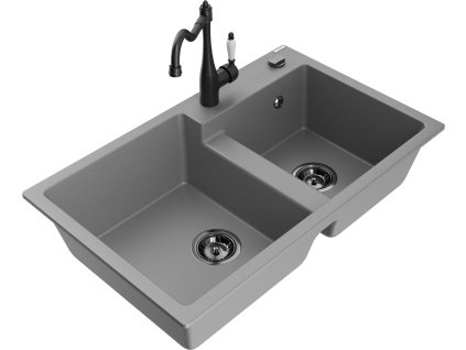 MEXEN/S - Tomas granitový dřez 2-bowl včetně baterie Carla, šedá 6516-71-670700-70-B
