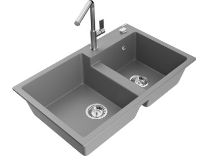 MEXEN/S - Tomas granitový dřez 2-bowl včetně baterie Flora, šedá 6516-71-670401-00