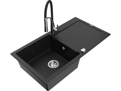 MEXEN/S - Leo granitový dřez 1 s odkapávačem včetně baterie Aster, černá 6501-77-73450-07