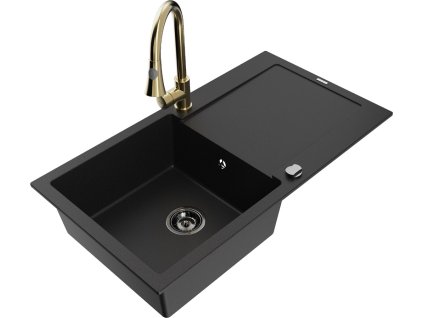 MEXEN/S - Leo granitový dřez 1-miska s odkapávačem včetně baterie Elia, černá 6501-77-670101-50-B