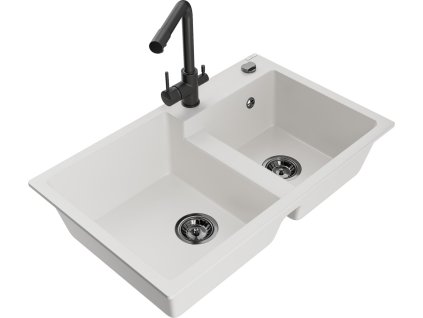 MEXEN/S - Tomas granitový dřez 2-bowl včetně baterie Duero, bílá 6516-20-671600-70
