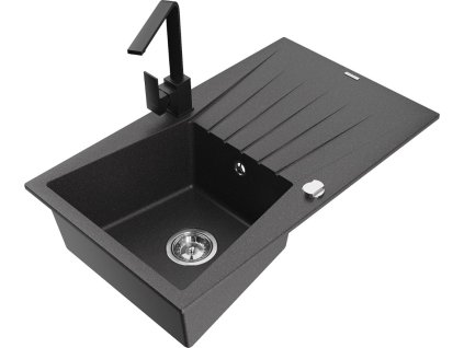 MEXEN/S - Cesar granitový dřez 1-miska s odkapávačem včetně baterie Rita, černý kropenatý 6514-76-670300-70