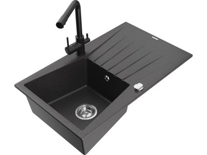 MEXEN/S - Cesar granitový dřez s odkapávačem včetně baterie Duero, černá kropenatá 6514-76-671600-70