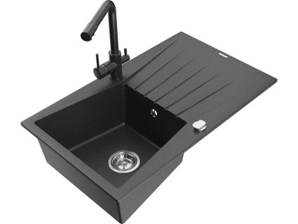MEXEN/S - Cesar granitový dřez s odkapávačem včetně baterie Duero, černá kropenatá 6514-76-671600-76