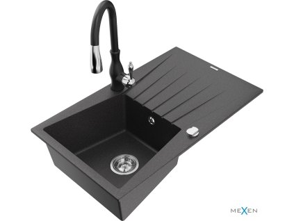 MEXEN/S - Cesar granitový dřez 1 s odkapávačem včetně baterie Savita, černá kropenatá 6514-76-672601-70