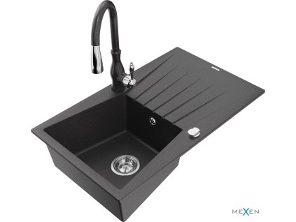 MEXEN/S - Cesar granitový dřez 1 s odkapávačem včetně baterie Savita, černá kropenatá 6514-76-672601-76
