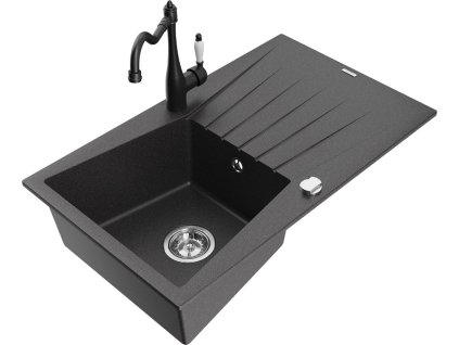 MEXEN/S - Cesar granitový dřez 1-miska s odkapávačem včetně baterie Carla, černá kropenatá 6514-76-670700-70