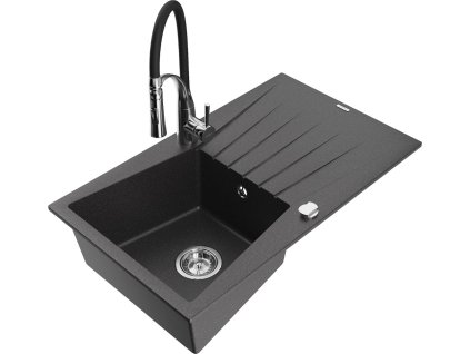 MEXEN/S - Cesar granitový dřez s odkapávačem včetně baterie Aster, černá kropenatá 6514-76-73450-07