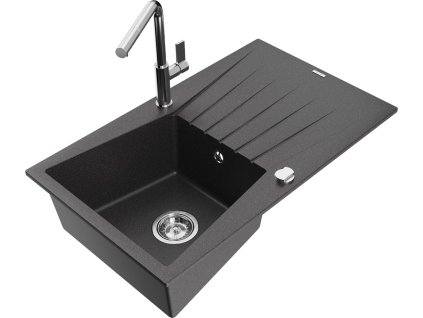 MEXEN/S - Cesar granitový dřez 1-miska s odkapávačem včetně baterie Flora, černá kropenatá 6514-76-670401-00