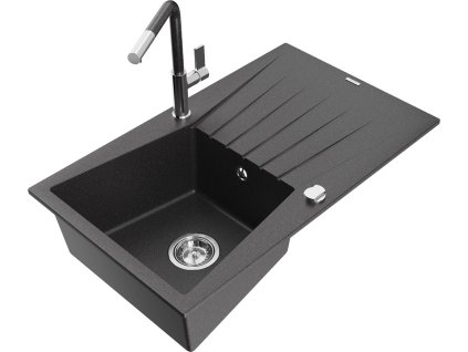 MEXEN/S - Cesar granitový dřez 1-miska s odkapávačem včetně baterie Flora, černá kropenatá 6514-76-670401-08