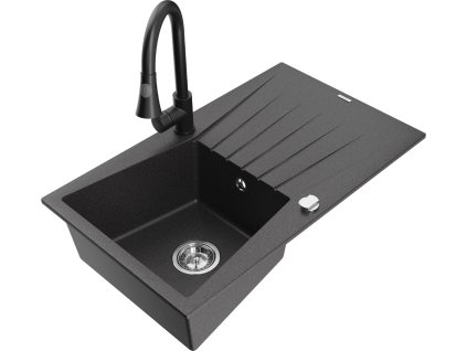 MEXEN/S - Cesar granitový dřez 1 s odkapávačem včetně baterie Elia, černá kropenatá 6514-76-670101-70