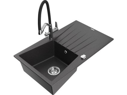 MEXEN/S - Cesar granitový dřez s odkapávačem včetně baterie Duo, černá kropenatá 6514-76-671701-07