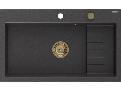 MEXEN/S - Omar granitový dřez 800 x 480 mm, černá kropenatá, zlatý sifon 6520801005-76-G