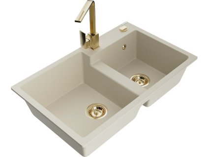 MEXEN/S - Tomas granitový dřez 2-bowl včetně baterie Rita, béžová 6516-69-670300-50