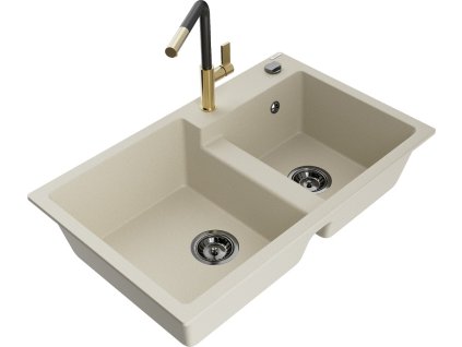 MEXEN/S - Tomas granitový dřez 2-bowl včetně baterie Flora, béžová 6516-69-670401-57-B