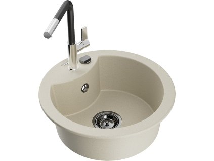 MEXEN/S - Diego granitový dřez 1-miska včetně baterie Flora, béžová 6512-69-670401-07-B