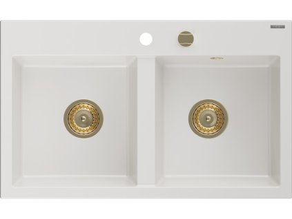 MEXEN/S - Hektor granitový dřez 2-bowl 800 x 480 mm, bílá, zlatý sifon 6521802000-20-G
