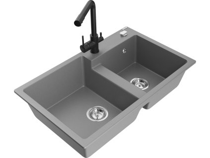MEXEN/S - Tomas granitový dřez 2-bowl včetně baterie Duero, šedá 6516-71-671600-70