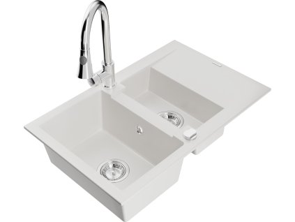 MEXEN/S - Gaspar granitový dřez 1.5 s odkapávačem včetně baterie Elia, bílá 6507-20-670101-00