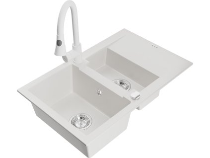 MEXEN/S - Gaspar granitový dřez 1.5 s odkapávačem včetně baterie Elia, bílá 6507-20-670101-20