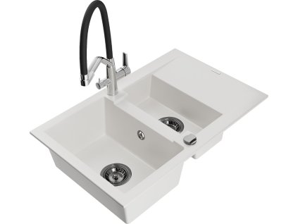 MEXEN/S - Gaspar granitový dřez 1.5 s odkapávačem včetně baterie Duo, bílá 6507-20-671701-07-B