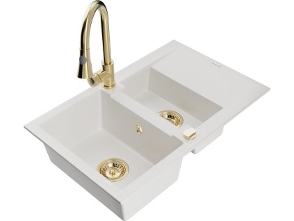 MEXEN/S - Gaspar granitový dřez 1.5 s odkapávačem včetně baterie Elia, bílá 6507-20-670101-50