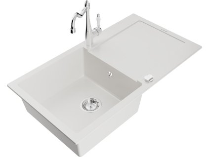 MEXEN/S - Leo granitový dřez 1 s odkapávačem včetně baterie Carla, bílá 6501-20-670700-00
