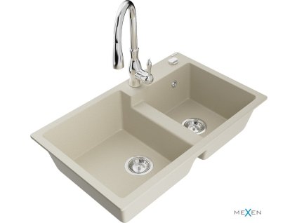 MEXEN/S - Tomas granitový dřez 2-bowl včetně baterie Savita, béžová 6516-69-672601-00