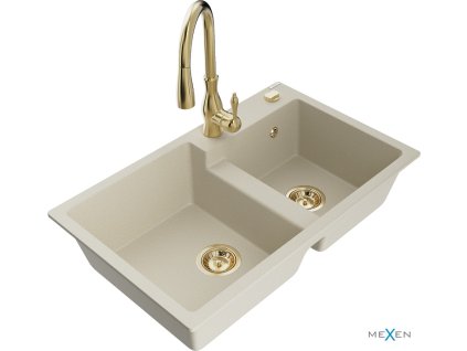 MEXEN/S - Tomas granitový dřez 2-bowl včetně baterie Savita, béžová 6516-69-672601-50