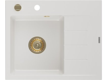 MEXEN/S - Ben granitový dřez 1 s odkapávačem levý 600 x 500 mm, bílá, sifon zlatá 6522605000-20-G