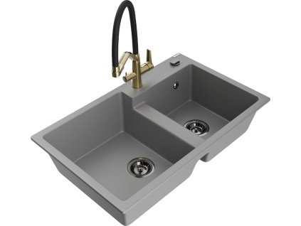 MEXEN/S - Tomas granitový dřez 2-bowly včetně baterie Duo, šedá 6516-71-671701-57-B