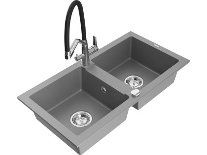 MEXEN/S - Mario granitový dřez 2-bowly včetně baterie Duo, šedá 6504-71-671701-07
