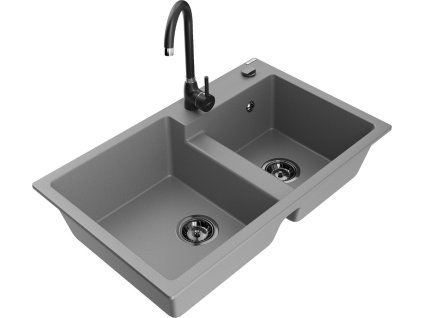 MEXEN/S - Tomas granitový dřez 2-bowl včetně baterie Telma, šedá 6516-71-670200-70-B