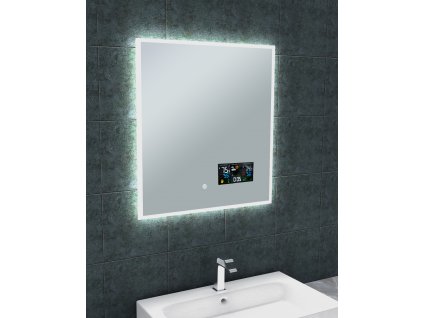 Zrcadlo s LED osvětlením, hodinami a počasím 600x650x43 mm, ukazatel venkovní a vnitřní teploty, barometr