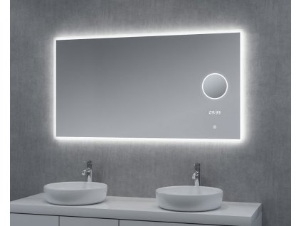 Zrcadlo s LED osvětlením kosmetickým zrcátkem a hodinami, 1400 x 650 mm