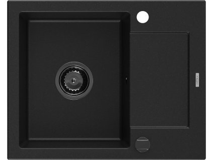 MEXEN/S - Enzo granitový dřez 1-miska s odkapávačem 576 x 465 mm, černý, černý sifon 6506571005-77-B