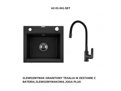 INVENA - Granitový dřez TESALIA, černý s automatickým sifonem, chrom + baterie JOGA PLUS AZ-01-041-SET
