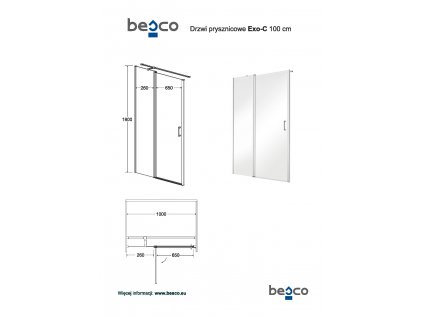 Bezrámové sprchové dveře EXO-C, 100 cm, 190 cm, Univerzální Levé / Pravé, Čiré bezpečnostní sklo - 6 mm, 80 cm, Chrom/Leštěný hliník (ALU)